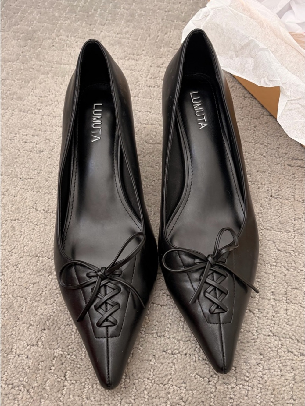 Black Pointed Lace-Up Kitten Heels